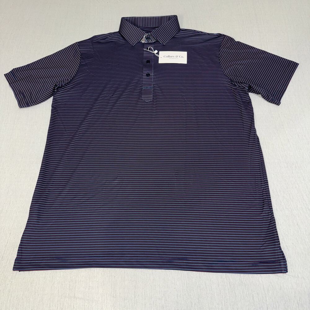 Collars & Co Polo Red Blue Stripe AOP Large Relaxed Featherweight Flex NWT